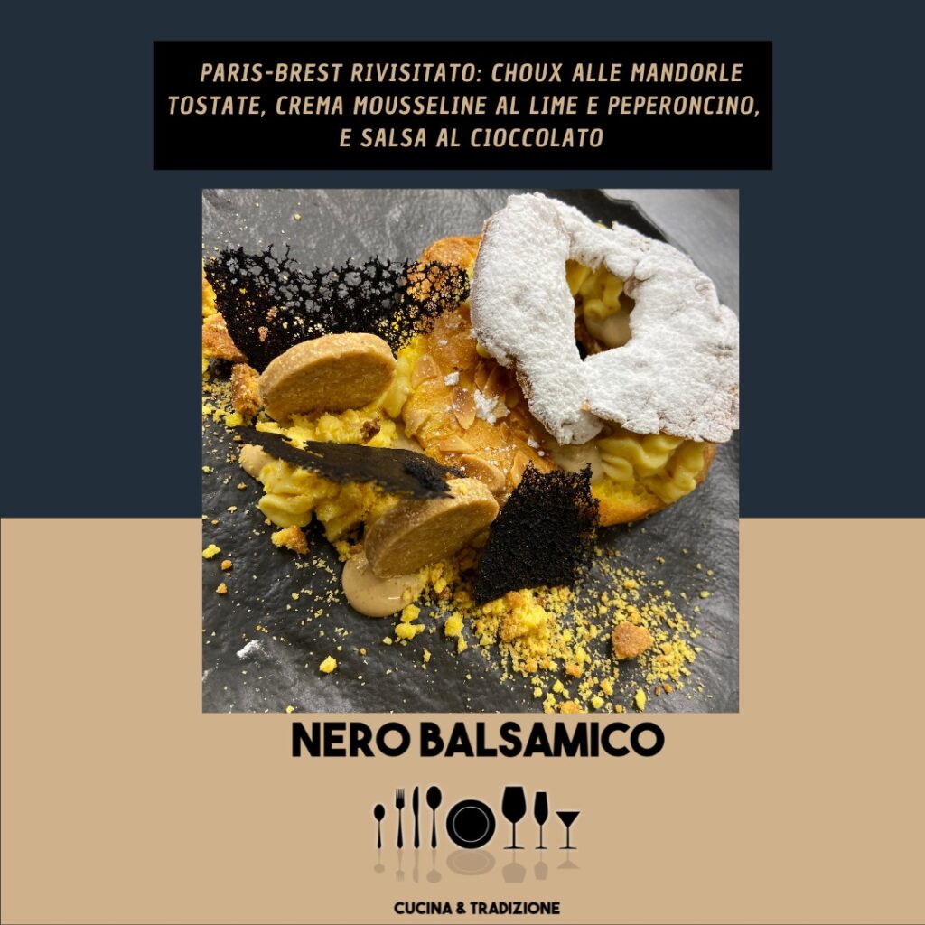 Paris-Brest rivisitato: choux alle mandorle tostate, crema mousseline al lime e peperoncino, biscotto “digestive” e salsa al cioccolato paris-brest_dessert