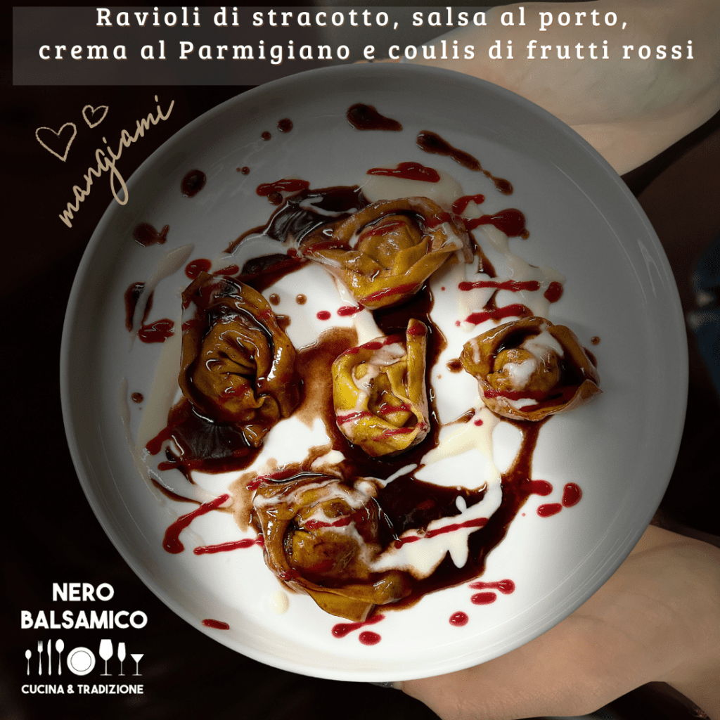 raviolidistracotto-salsa al porto-cremaparmigiano-coulisfrutti rossi
